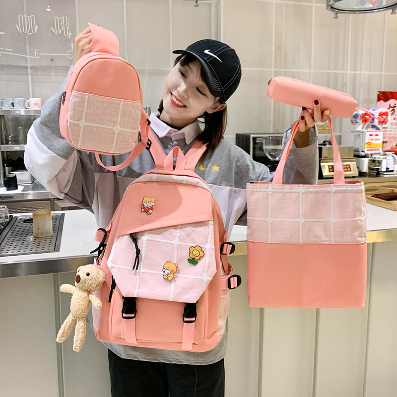 Wholesale of new Korean-style fashionable canvas checkered backpacks for women with spine protection and wear resistance details Picture