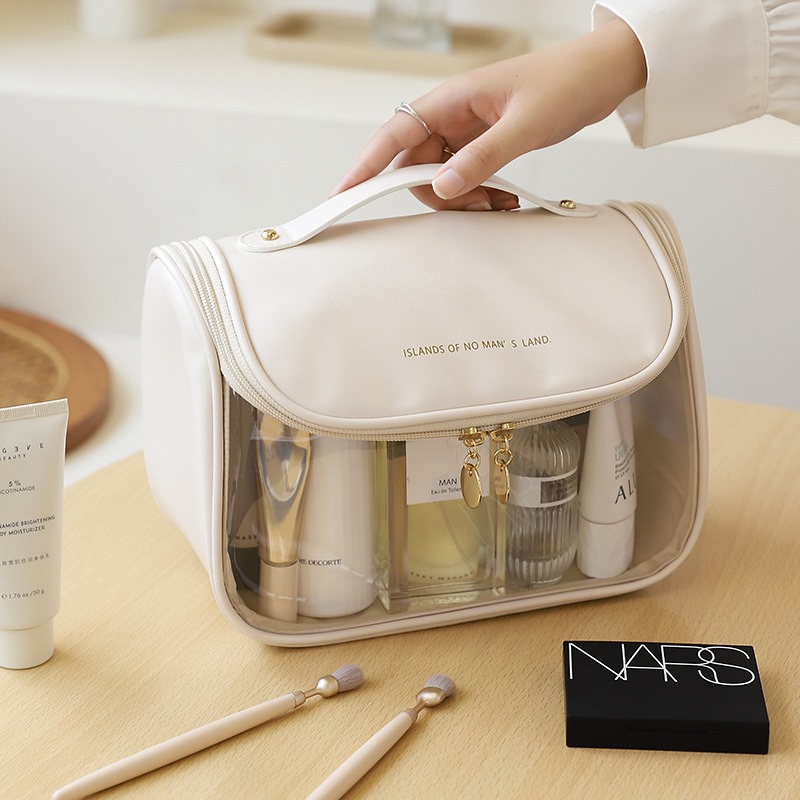 pu hand-held makeup bag, large-capacity portable cosmetics storage bag, multi-functional waterproof toiletry bag, high appearance level curved bag Specification drawing