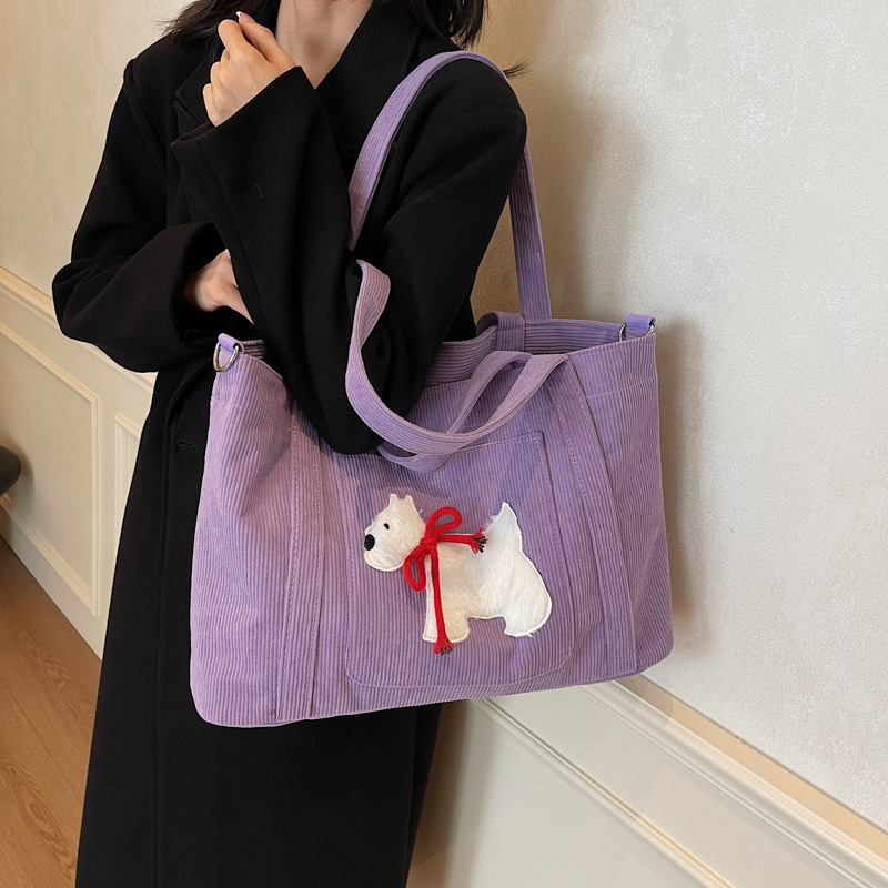 New corduroy tote bag, cute puppy, versatile single-shoulder bag, college student commuting to class, hand-held crossbody bag, female details Picture