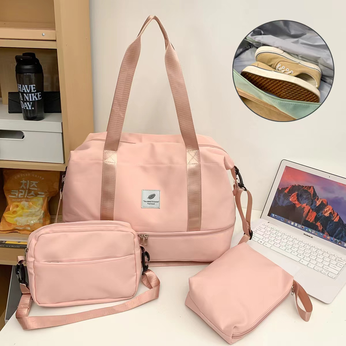 Cross-border wholesale three-piece sports travel bag, nylon fabric single-shoulder yoga fitness bag, large-capacity outdoor mommy bag full figure