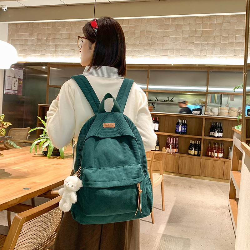 Japanese-style schoolbag for girls on Instagram, forest-themed casual middle school backpack, artistic corduroy girl's shopping backpack details Picture