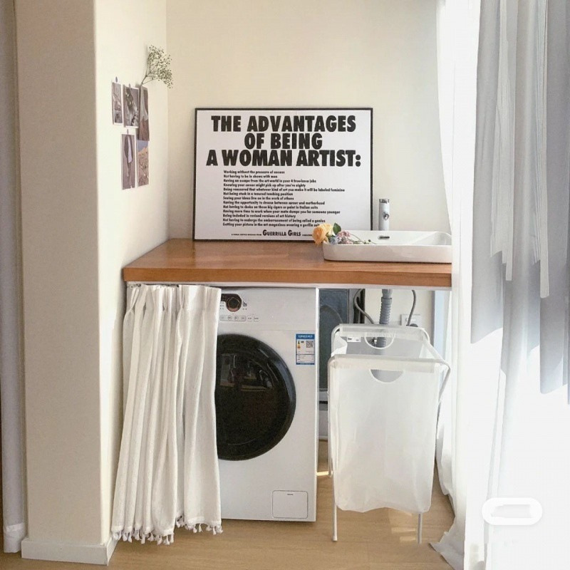 eQp custom-made balcony laundry cabinet, solid wood countertop renovation design, storage cabinet, shelf, storage cabinet, sink one details Picture