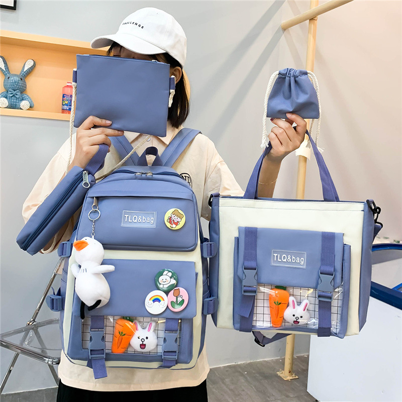 New Korean version Harajuku style high-capacity five-piece student backpack for junior high school girls, casual student backpack Specification drawing