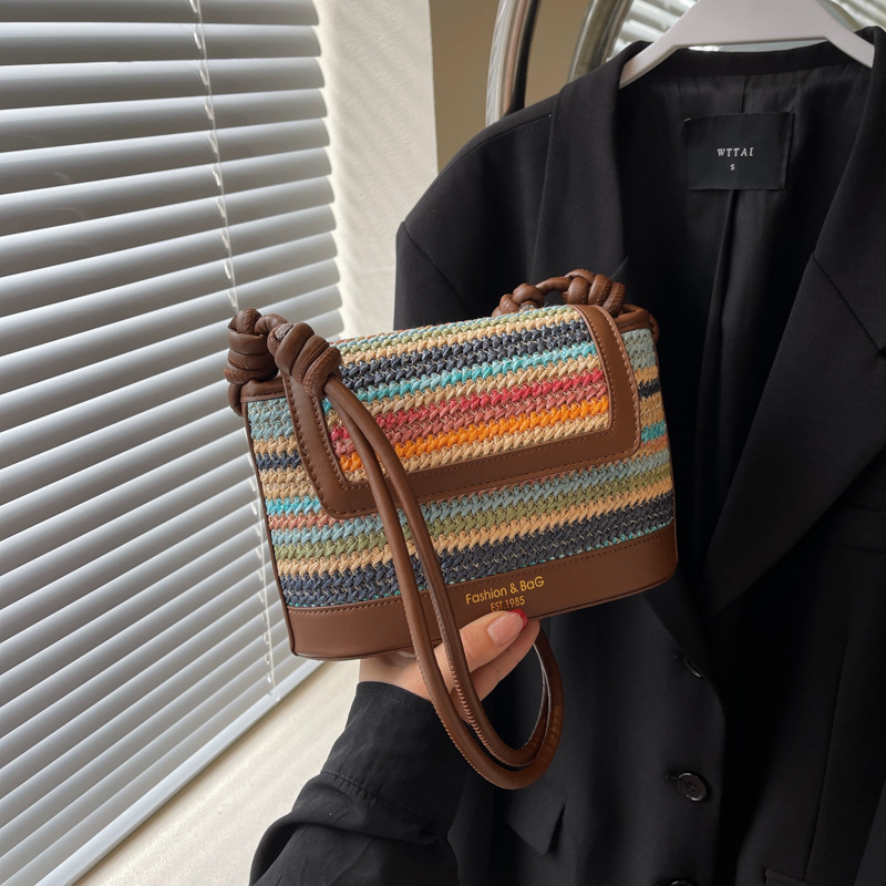 Fashionable color-blocking straw woven bag for women, 2024 new style simple and casual woven bag, high-end and versatile single-shoulder crossbody bag details Picture
