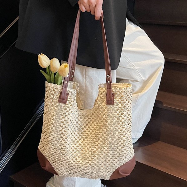 Cross-border woven straw weaving color-blocking tote bag, niche design, single-shoulder bag, large bag, women's large-capacity hollowed-out underarm bag Specification drawing