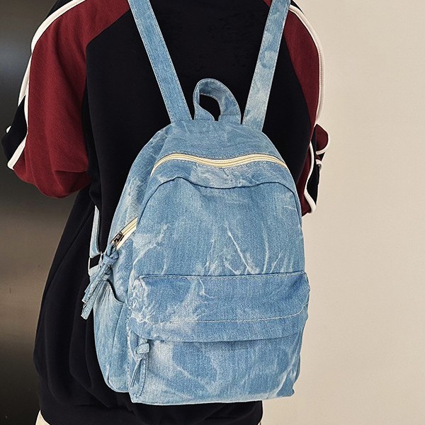 Cross-border new trendy and individualistic tie-dyed denim backpack for men and women, casual commuting small backpack, versatile student schoolbag details Picture