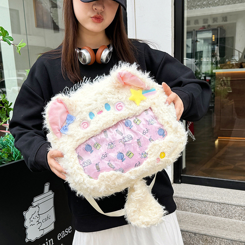 New Japanese-style plush, simple and cute kitten playful backpack, forest-style bow double backpack for girls to go out and cross diagonally full figure