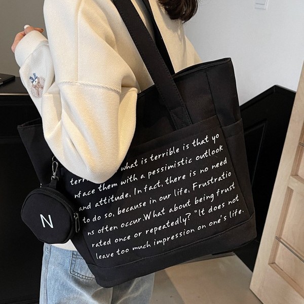 Fashionable and casual lettered canvas bag for women, versatile, large capacity for students to attend classes and commute, large capacity underarm single-shoulder bag details Picture