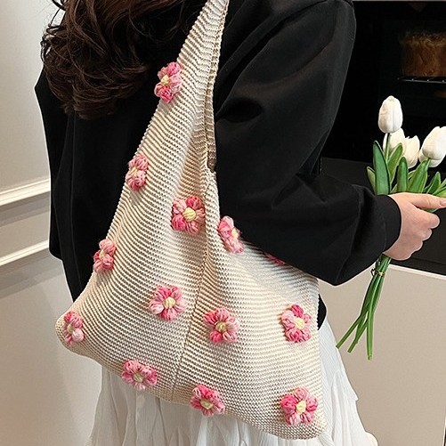 Spring 2025 new style of cute, fashionable and simple Korean-style knitted bag, single-shoulder bag and colorful flower tote bag details Picture