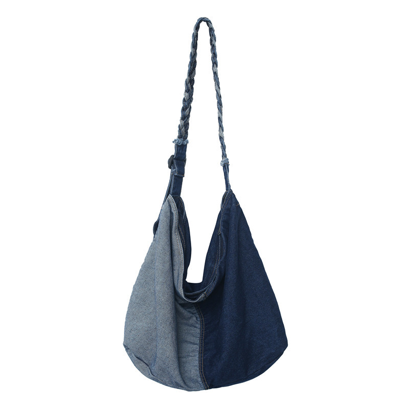 Washed denim canvas crossbody bag for women, retro, artistic and laid-back style, large-capacity color-blocked tote bag, casual student bag Item Picture