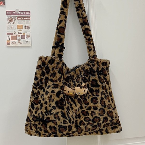 Cute bag for women 2024 autumn/Winter new fashionable leopard print handbag, plush bag, sweet and cool casual single-shoulder armpit bag Specification drawing