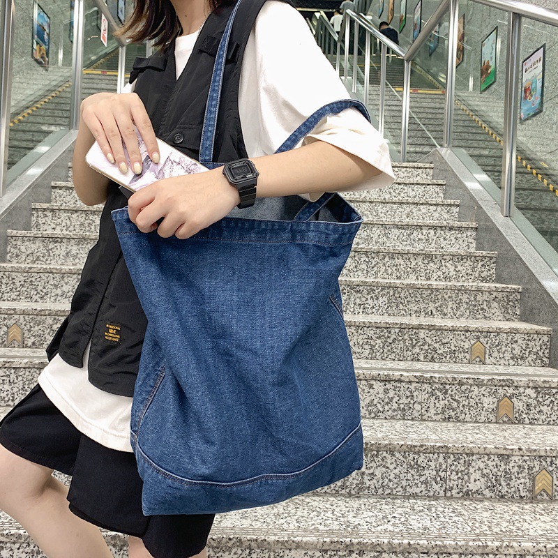 Japanese-style Korean version Harajuku denim canvas bag for girls, simple single-shoulder bag, large capacity, solid color, student hand-held cloth bag for class full figure
