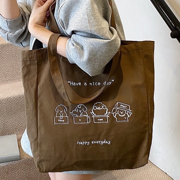 New casual canvas bag, large capacity, cute student embroidered outdoor handbag, lightweight and trendy single-shoulder bag Specification drawing