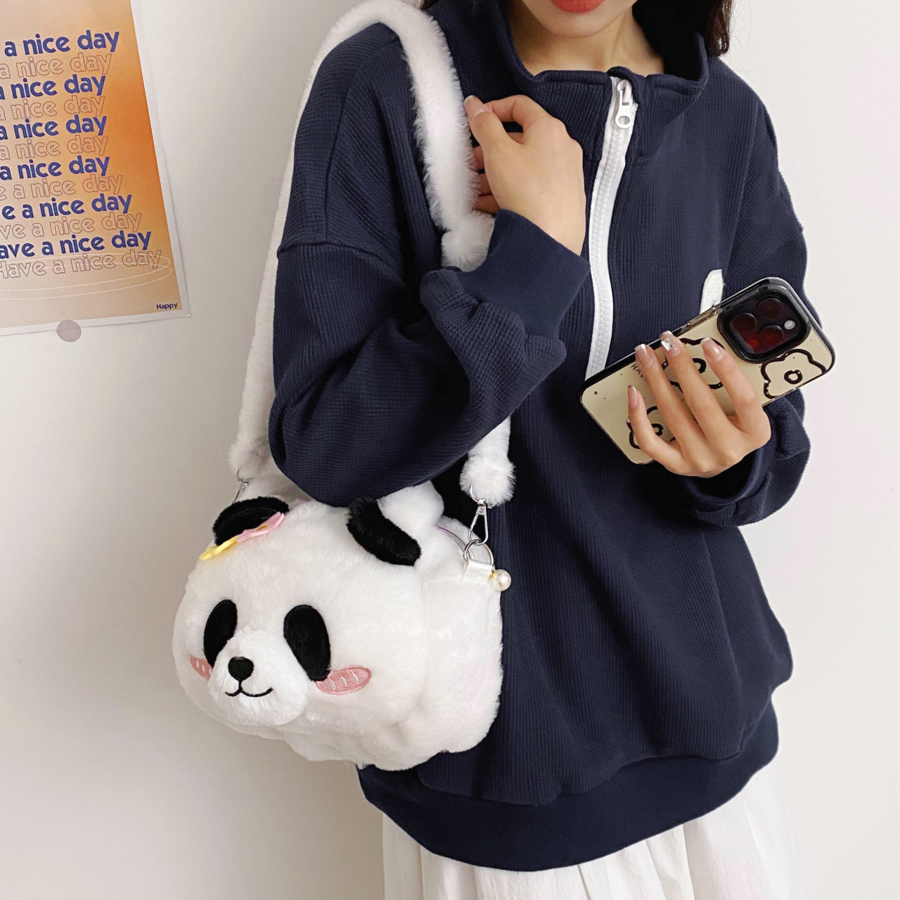 New cute panda doll crossbody bag, new flower panda doll plush bag, children's versatile claw machine doll Specification drawing