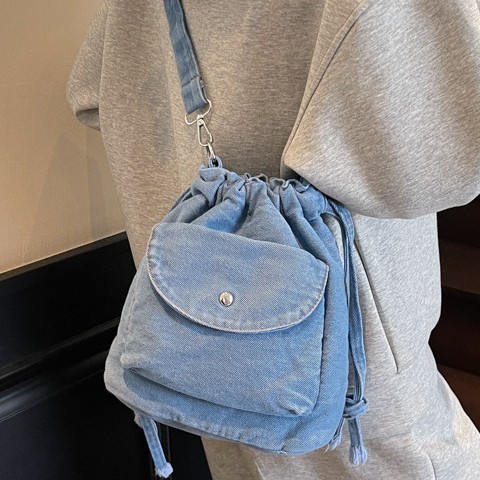 Korean denim bucket bag for women 2025 new style casual summer single-shoulder bag with large capacity, drawstring opening and simple crossbody bag details Picture