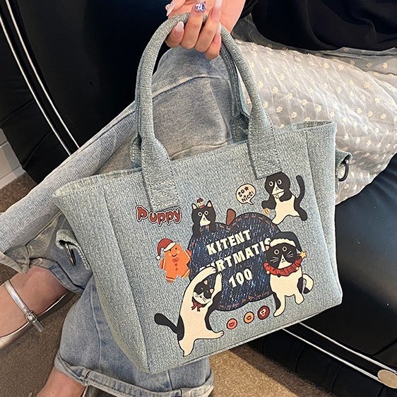 New Japanese-style dog tote bag, cute cartoon denim canvas handbag, student portable lunch box bag handbag Specification drawing