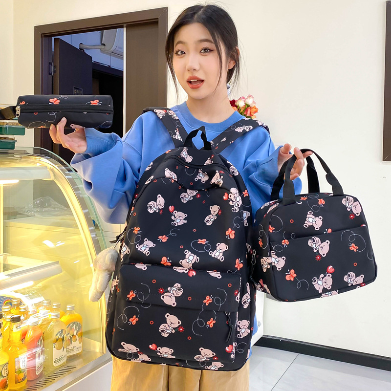Cute cartoon-printed backpack for girls, large-capacity junior and senior high school backpack, three-piece set, insulated lunch bag Specification drawing