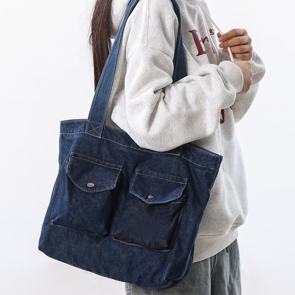 Retro-style large-capacity denim bag for girls, 2024 new fashion student computer bag for class, single-shoulder hand-held tote bag details Picture