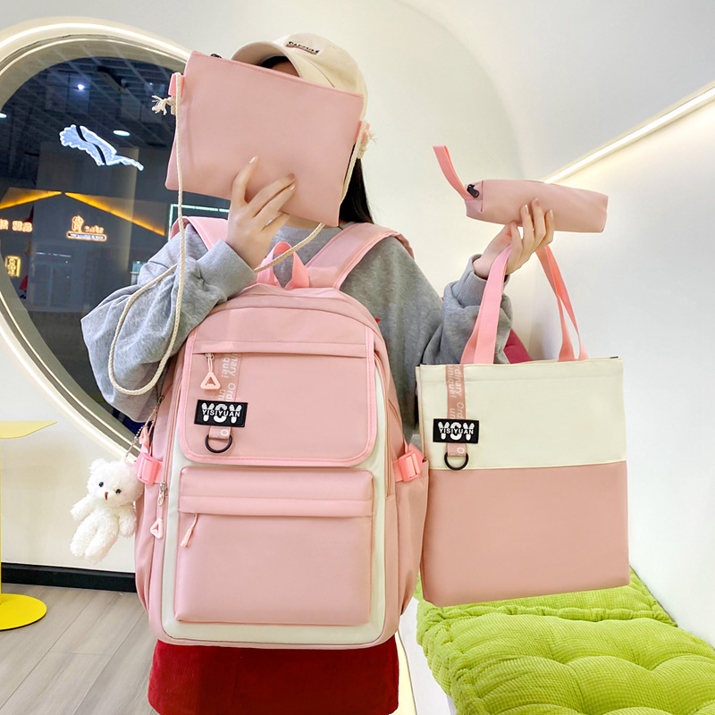 Large-capacity four-piece set, durable student backpack, junior and senior high school schoolbag, simple and versatile backpack for girls to go out and relax Specification drawing