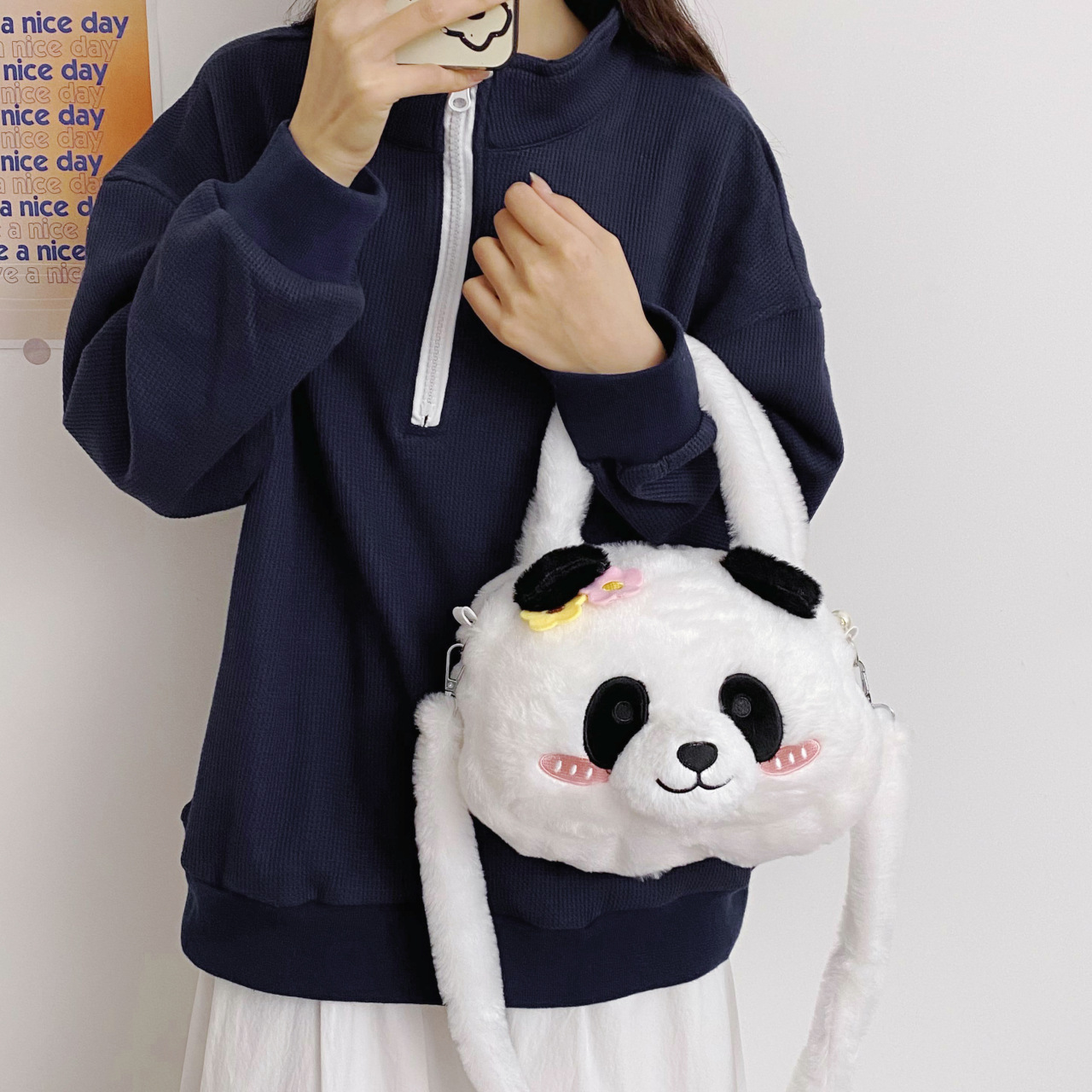 New cute panda doll crossbody bag, new flower panda doll plush bag, children's versatile claw machine doll details Picture