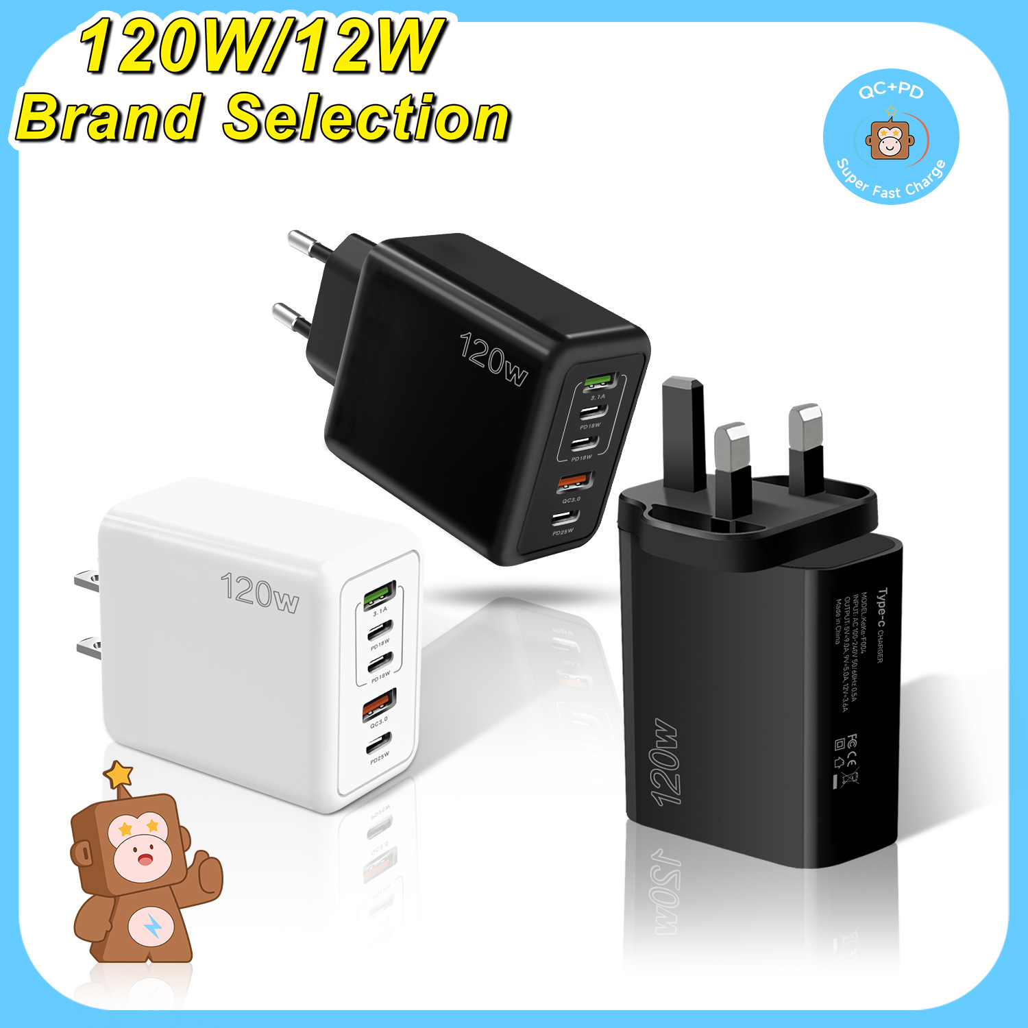 3PD+2USB mobile phone charger Type-C, European, American and British PD+USB multi-port adapter, tablet charger Item Picture