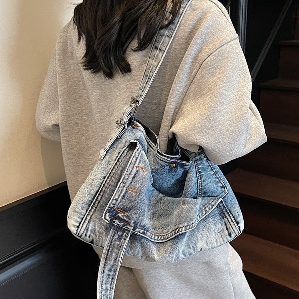 Retro denim bag for women 2025 new style, fashionable and trendy single-shoulder crossbody bag, simple and casual commuter tote bag Specification drawing