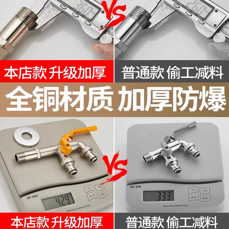 All-copper extended outdoor faucet anti-freezing, one in and two out, outdoor washing machine mop sink, double water outlet pacifier interface details Picture