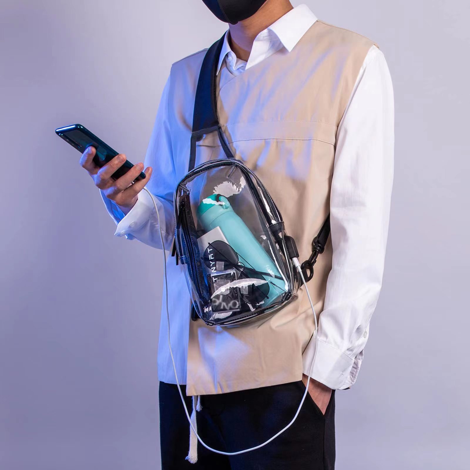 USB storage bag, PVC transparent chest bag, women and men's casual crossbody single-shoulder bag, fitness and sports bag, waterproof and versatile Specification drawing