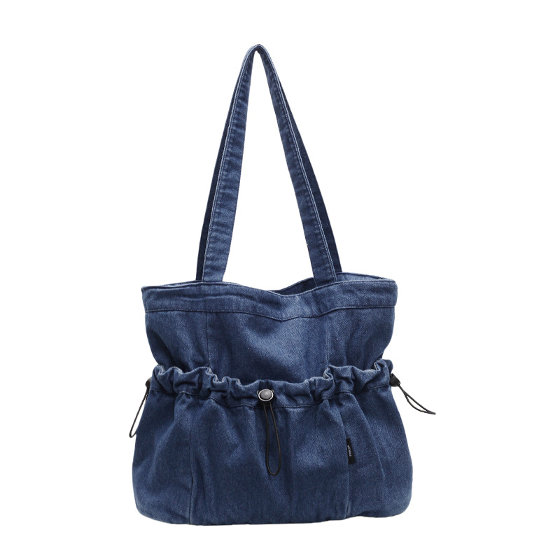 New cross-border single-shoulder bag, large-capacity handbag, denim pleated, simple, fashionable, casual and commuting tote bag Item Picture