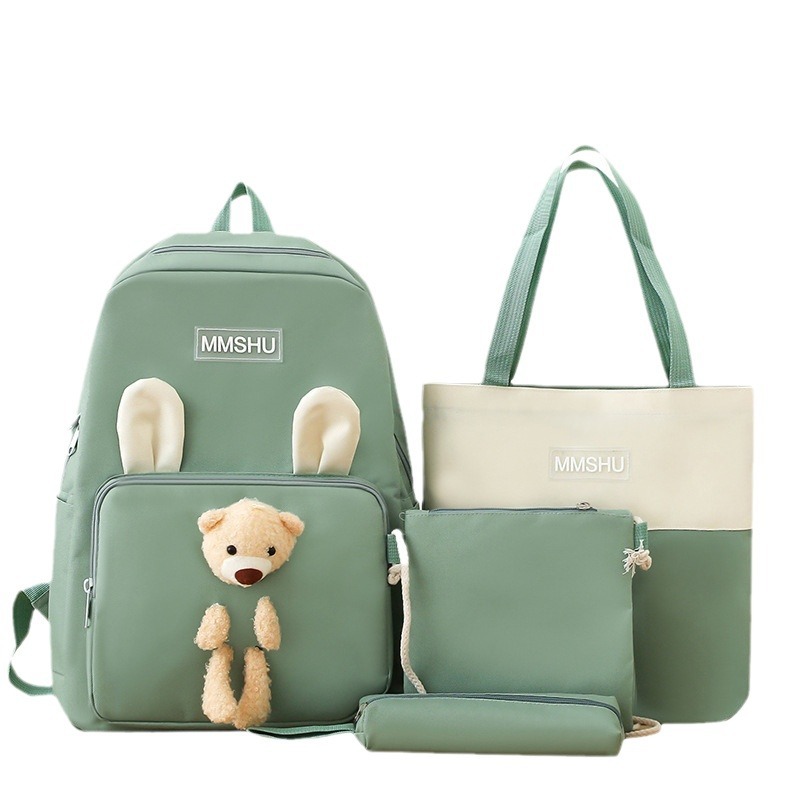 A cute cartoon bear backpack set of four pieces, a large-capacity hand-held after-school bag for primary school students, a casual and versatile trendy backpack Item Picture