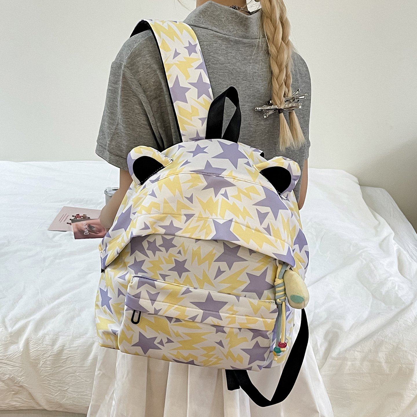 Cute star-shaped cat-ear girl Japanese-style backpack, student Korean-style large-capacity ins backpack 2025 new style Specification drawing