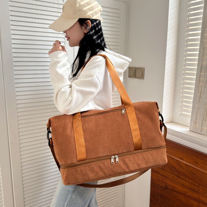 Wholesale new travel bags, large-capacity corduroy lightweight sports and fitness bags, dry and wet separation boarding bags for going out details Picture