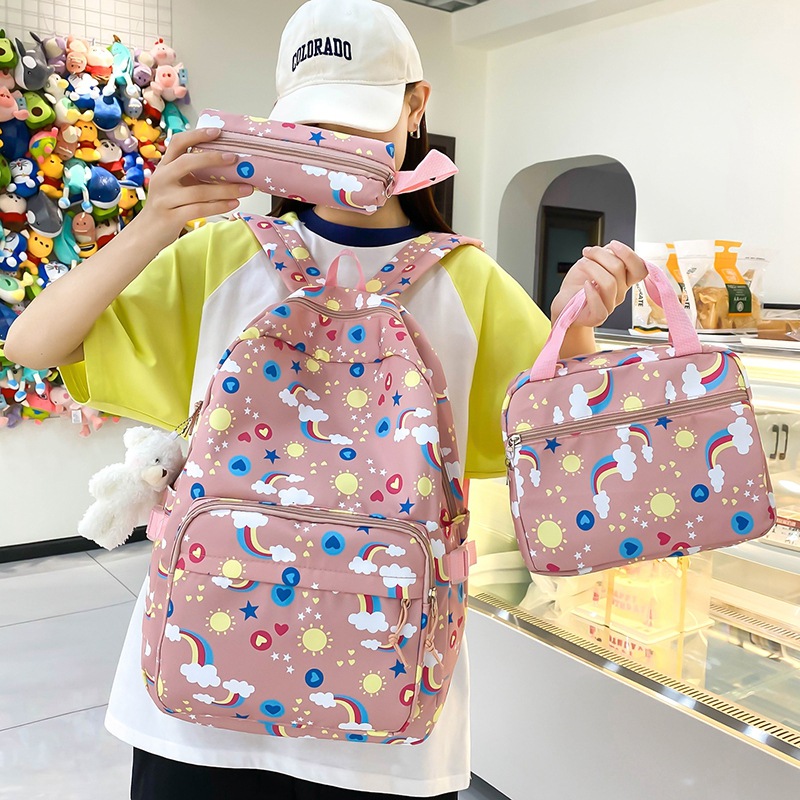 New cute junior high school and primary school students' backpack with reduced load, large-capacity backpack, girls' high school appearance level, casual backpack set of three pieces full figure