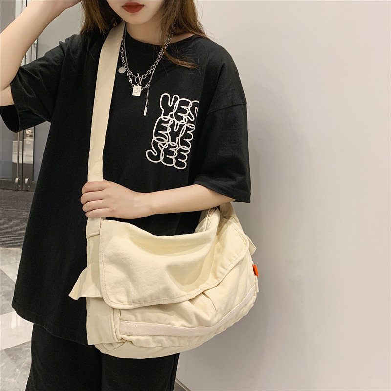Japanese-style washed canvas crossbody bag, female casual college student cloth bag, single-shoulder bag for class, large-capacity canvas bag, backpack full figure