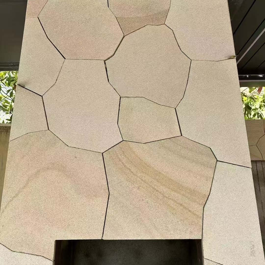 Seamless background wall art wall with hard yellow sandstone and lychee face carvings from Shandong details Picture