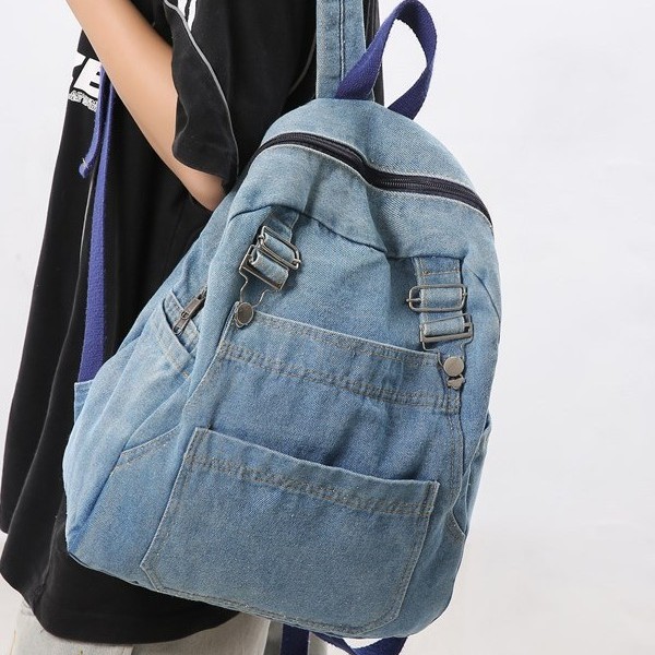 Japanese-style denim backpack for women, large-capacity schoolbag, simple solid color, stylish casual travel backpack Application Scenario