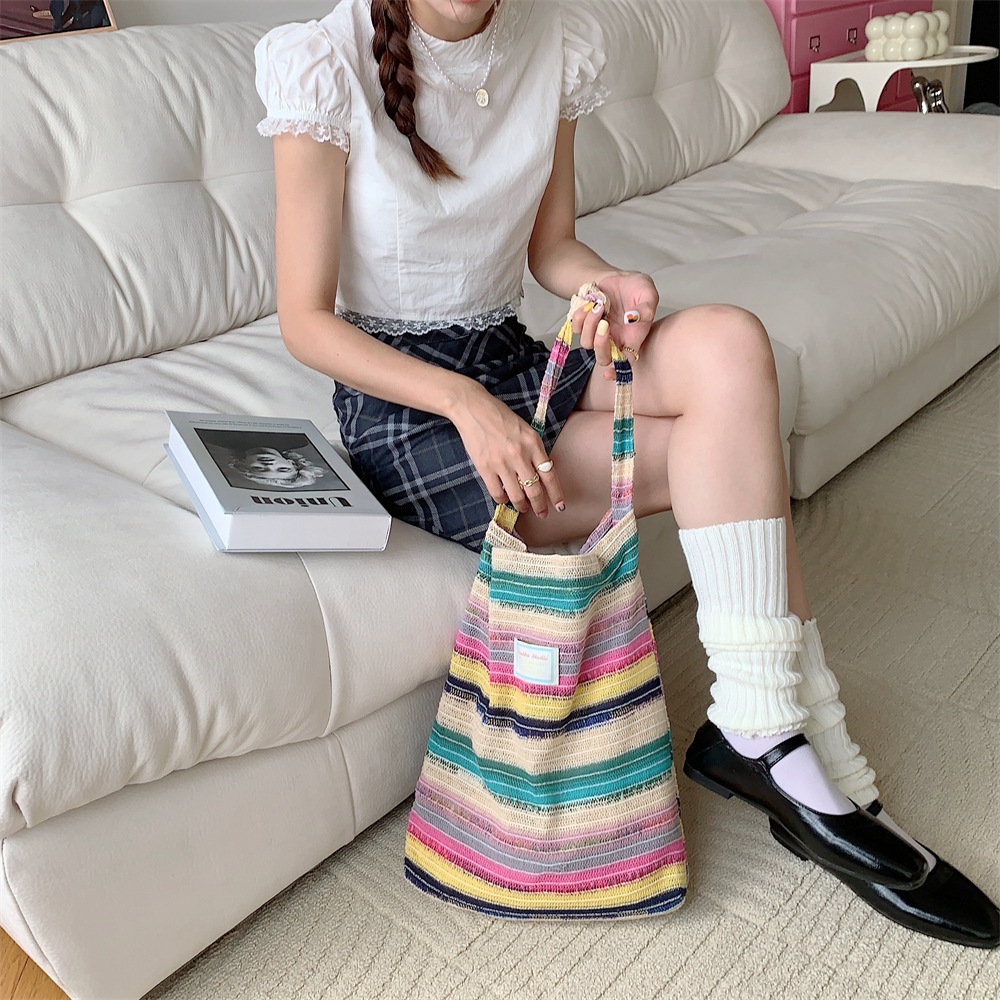38101 Women's 2023 New style woolen knitted handbag, color-blocking rainbow striped underarm single-shoulder woven bag Specification drawing