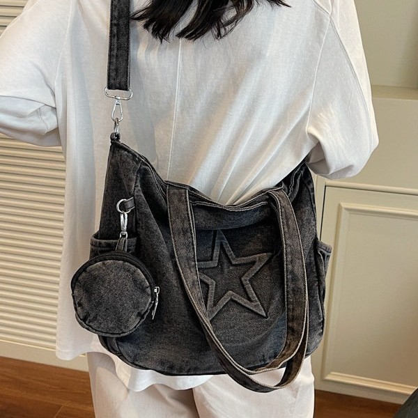 Denim handbag for women, large capacity 2025 new Korean style simple single-shoulder backpack, casual commuting tote bag Specification drawing