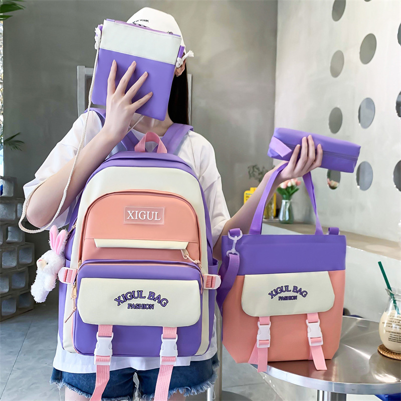 A large-capacity schoolbag for junior and senior high school students, a fashionable color-blocking Korean-style backpack with high appearance standards, a four-piece set of girls' tutorial bags Specification drawing