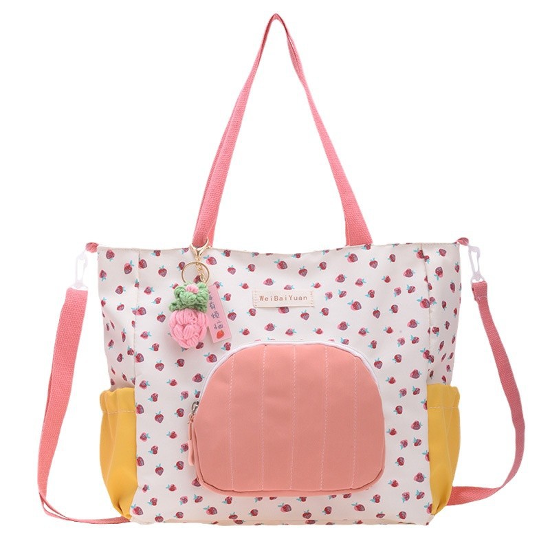 2024 New Japanese-style fresh and light fabric bag, tote bag, strawberry large-capacity single-shoulder crossbody bag, college student class bag Item Picture