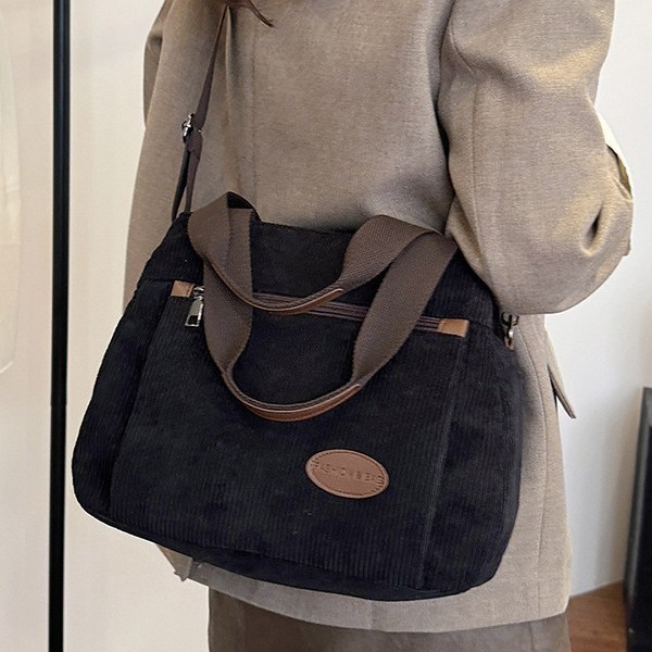 Retro and simple large-capacity corduroy fabric bag, women's hand-held shoulder crossbody bag, multi-compartment commuting bag, multi-functional bag Specification drawing
