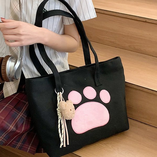 New large-capacity cartoon hand-held canvas shoulder bag, single-shoulder bag, storage bag, cute cartoon cat paw handbag for girls Application Scenario