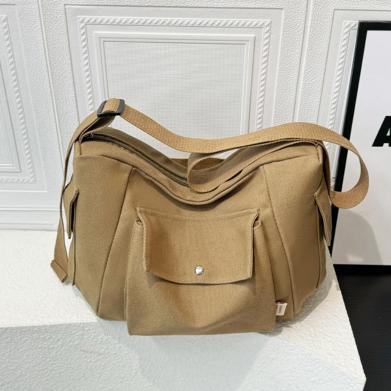 New canvas tote bag for autumn and winter, solid color for girls, large-capacity commuter messenger bag, versatile, single-shoulder fashionable crossbody bag details Picture