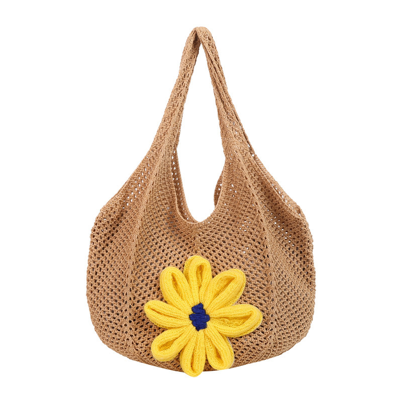 Woven patchwork bag, single-shoulder bag, Daisy wool crochet, fresh and light beach bag, hollowed-out fashionable new underarm bag Item Picture