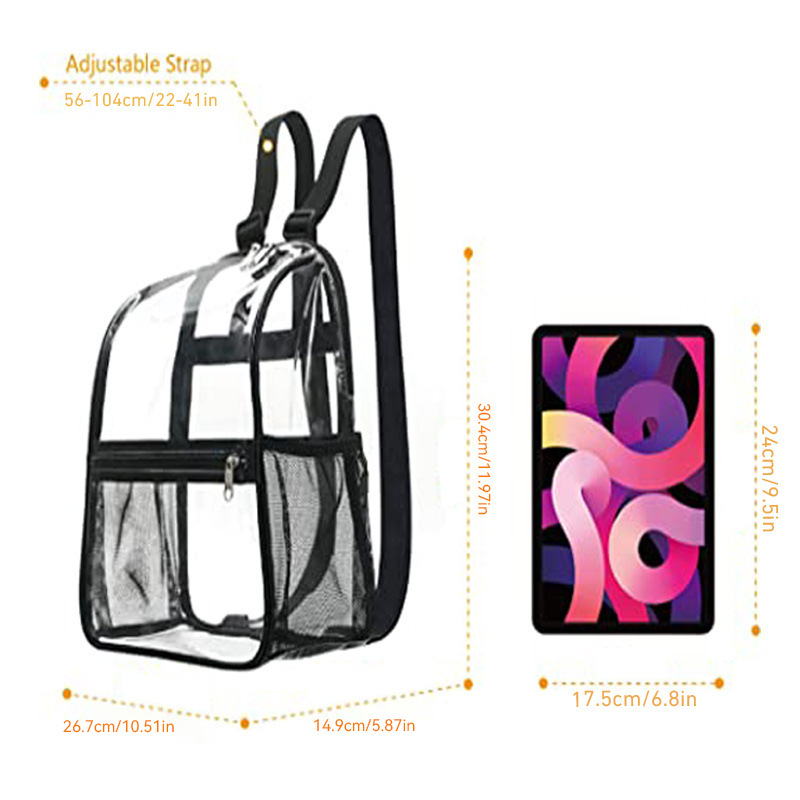 Cross-border transparent PVC transparent mesh pocket small backpack, outdoor travel sports storage bag, arc-shaped mini handbag Specification drawing