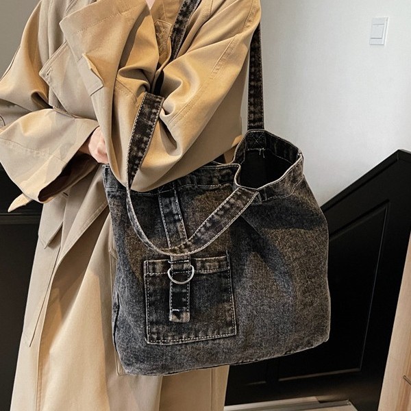 Retro denim bag for women, large-capacity single-shoulder hand-carry shopping bag, niche artistic Japanese and Korean casual and versatile tote bag Specification drawing