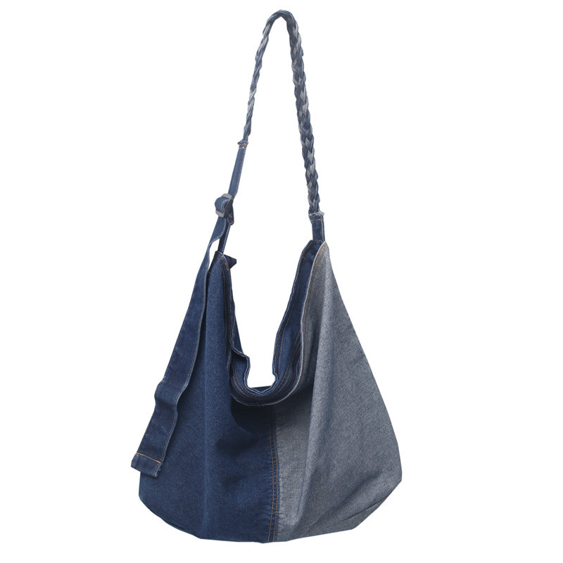 Color-blocked denim bag, single-shoulder bag, large-capacity, artistic and individualistic fabric bag, fashionable and trendy new crossbody bag for men and women Item Picture