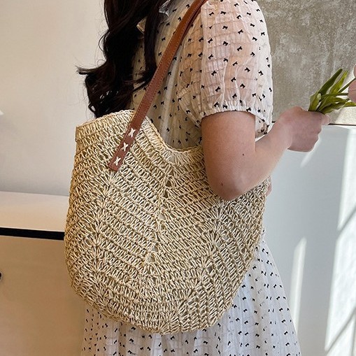 French bestseller, niche, laid-back, artistic, lightweight straw woven tote bag, casual and versatile, vacation single-shoulder beach bag for women details Picture