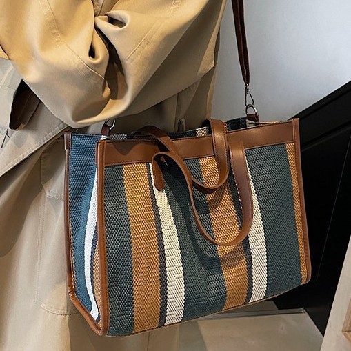 Canvas bag, women's large-capacity 2024 new color-blocking single-shoulder bag, fabric bag, college student class bag, commuter tote bag full figure