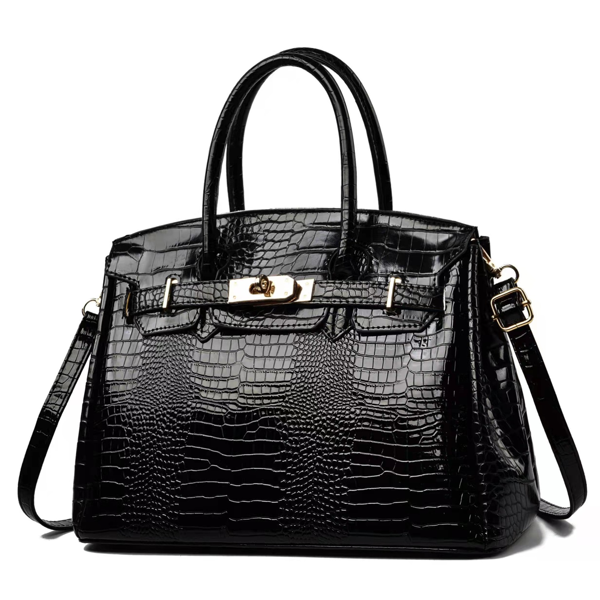 Crocodile pattern platinum bag Kelly Bag 2024 New style European and American foreign trade fashion middle-aged lady's hand-held shoulder crossbody bag Specification drawing